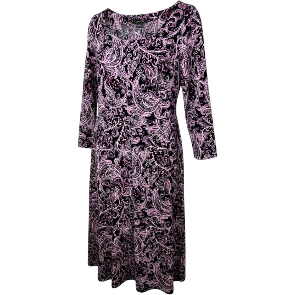 J.Jill Wearever‎ Black Lavender Paisley Print Scoop Neck 3/4 Sleeve Dress Small